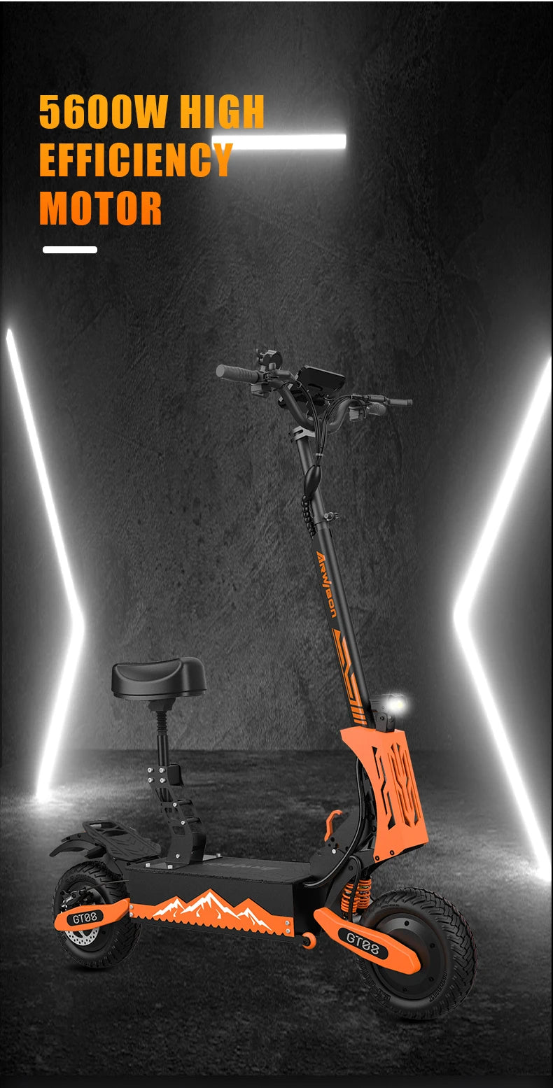 Arwibon GT08 Adult Electric Scooter — Dual 5600W Motor, 46 MPH Top Speed, 60V 27AH Battery, 11-Inch Off-Road Tires, Folding Commuter E-Scooter