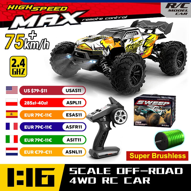 WLtoys 16101 Pro 1:16 75KM/H 4WD High-Speed RC Car with LED Lights, 2.4G Remote Control Monster Truck for Kids – Drift & Off-Road Fun Gift