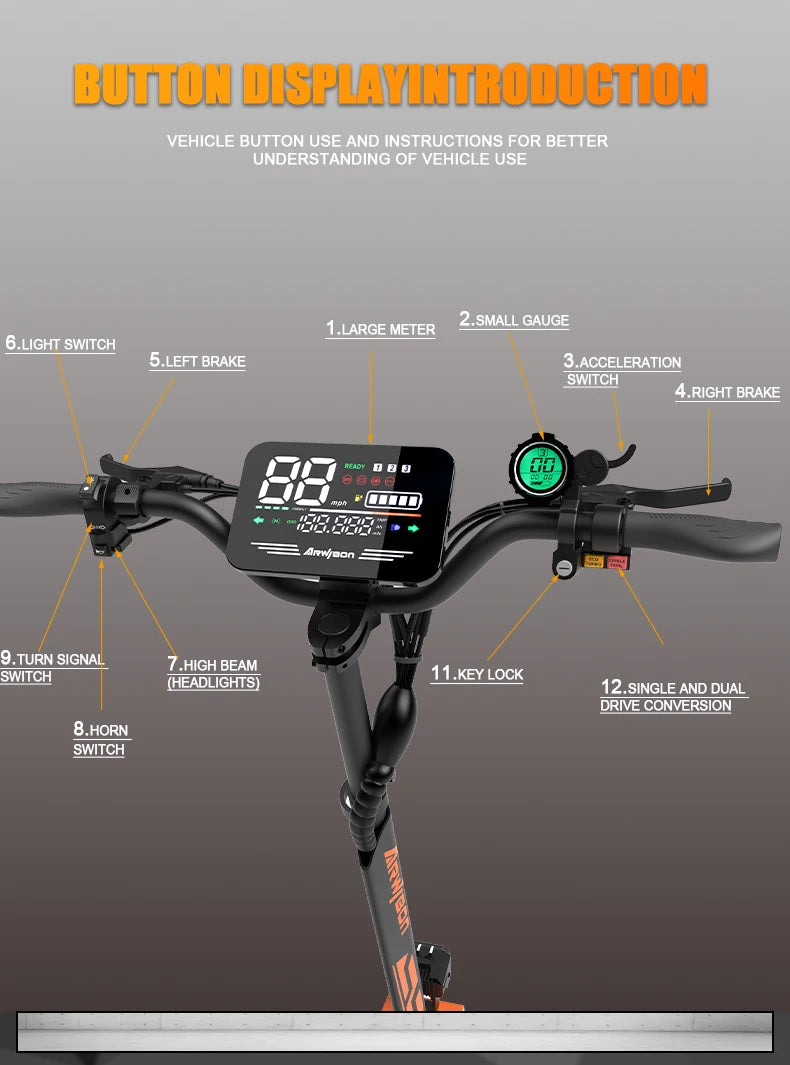Arwibon GT08 Adult Electric Scooter — Dual 5600W Motor, 46 MPH Top Speed, 60V 27AH Battery, 11-Inch Off-Road Tires, Folding Commuter E-Scooter